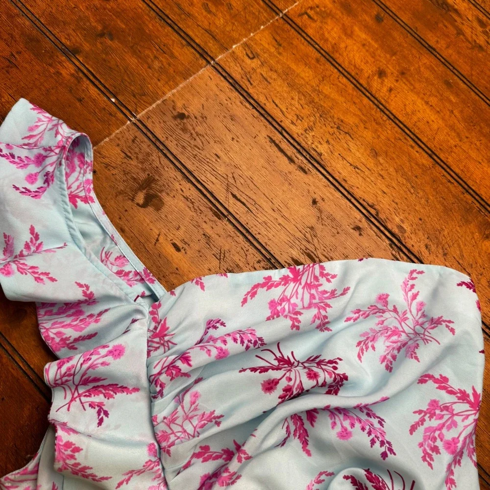 LIKELY Blue Pink Floral One Shoulder‎ Ruffle Midi Dress Size 8 Botanical Y2K - Picture 3 of 5